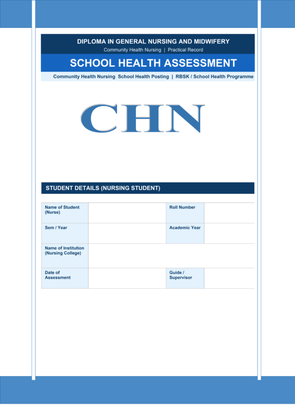 Sample school health assessment front page for GNM nursing students