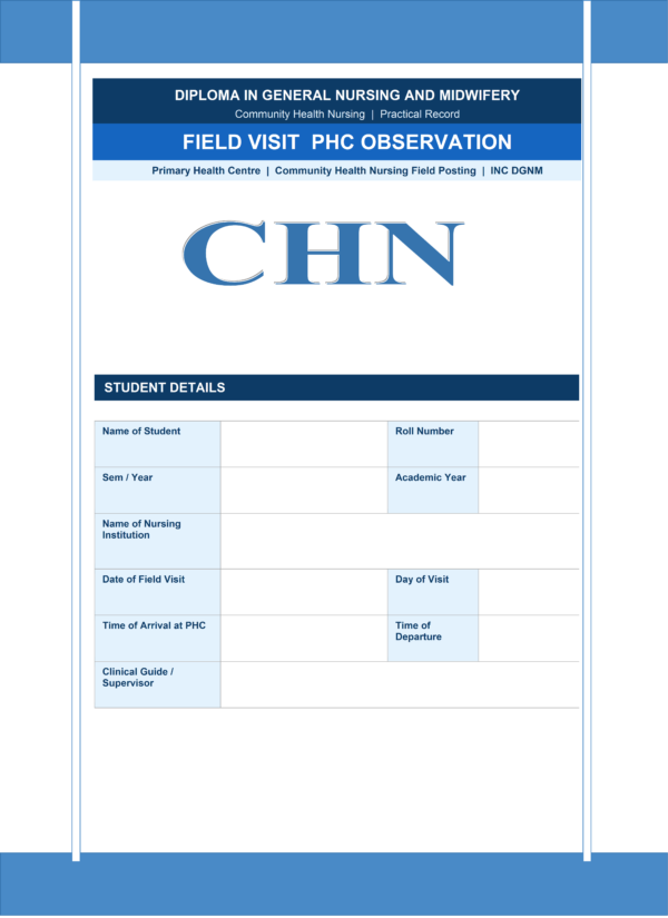 Sample PHC field visit observation report front page for GNM nursing students