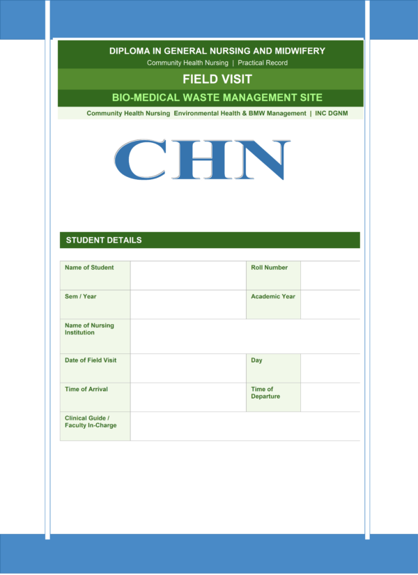 Sample biomedical waste management site visit report front page for GNM nursing students