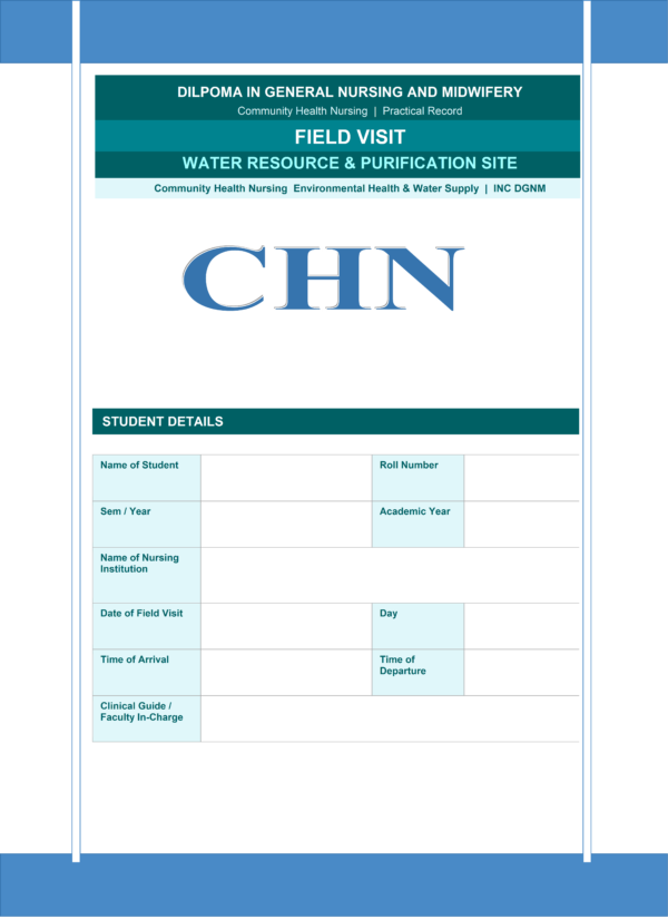 Sample water resource and purification site visit front page for GNM nursing students