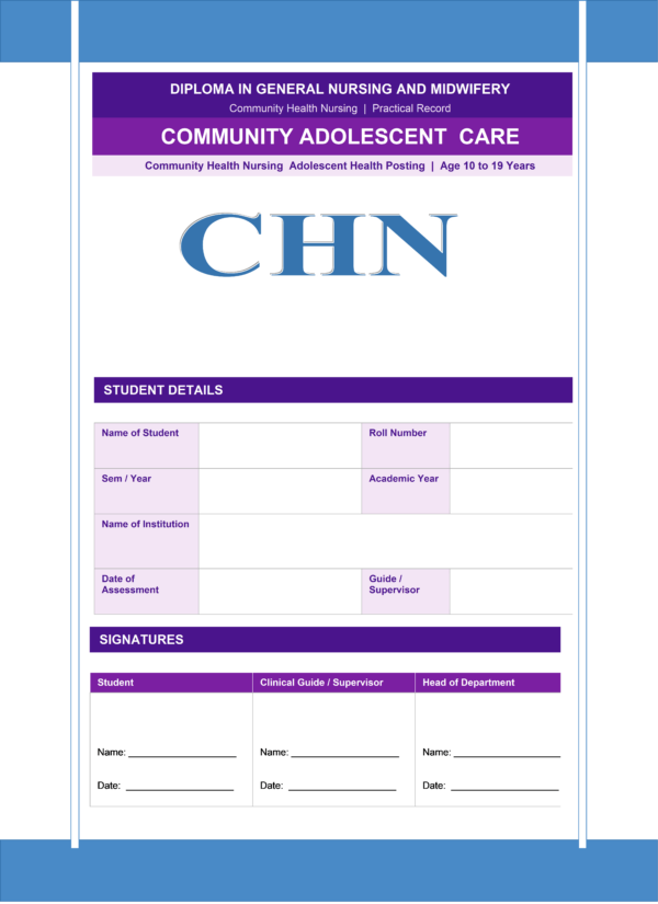 Sample community adolescent care front page for GNM nursing students