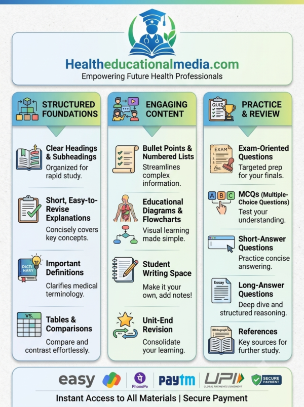 B.Sc Nursing study material student features including clear headings, easy-to-revise explanations, definitions, tables, diagrams, student writing space, revision, MCQs and exam-oriented questions
