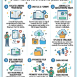 A step-by-step visual guide illustrating how to turn health study notes into income through digital selling.