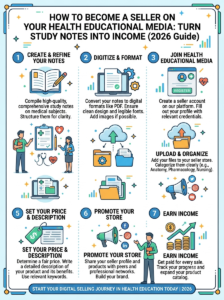 A step-by-step visual guide illustrating how to turn health study notes into income through digital selling.