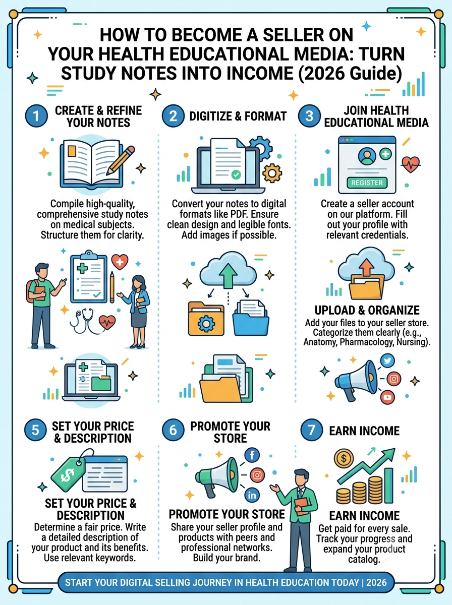 A step-by-step visual guide illustrating how to turn health study notes into income through digital selling.