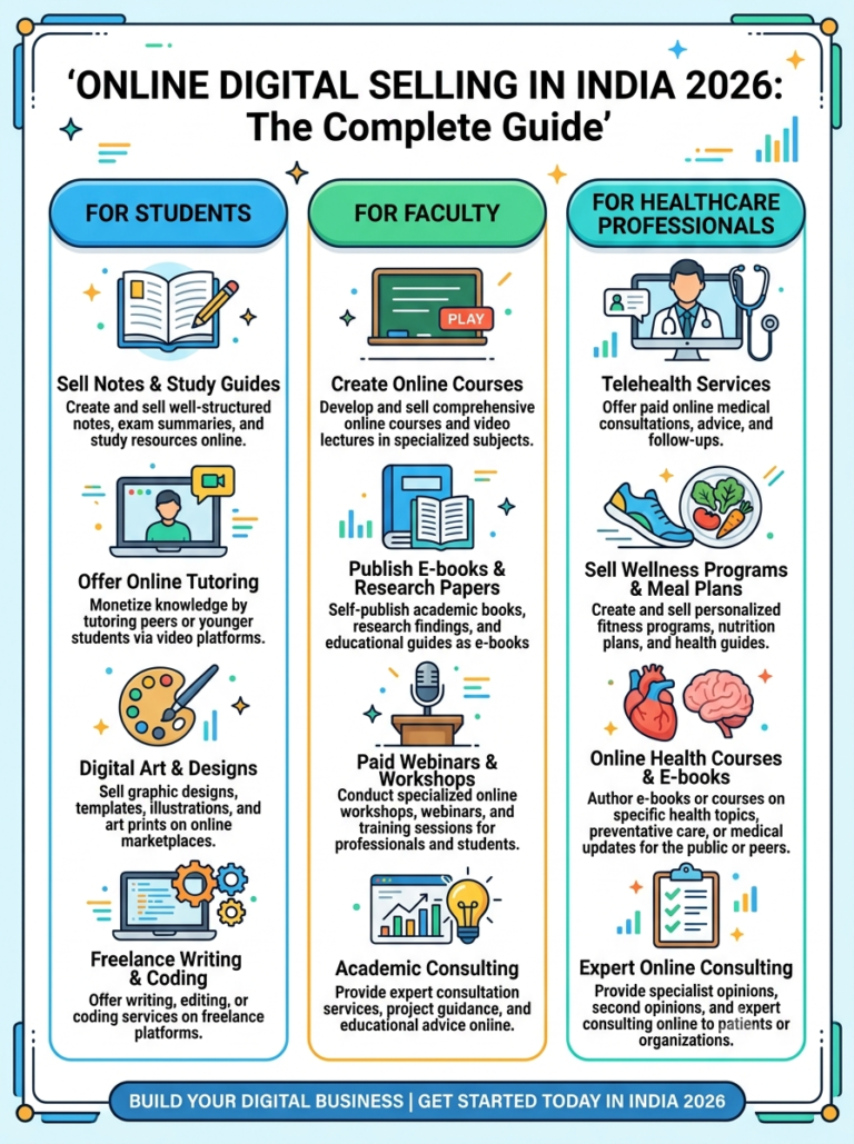 A three-column infographic illustration with icons detailing digital business and selling opportunities in India for Students, Faculty, and Healthcare Professionals.