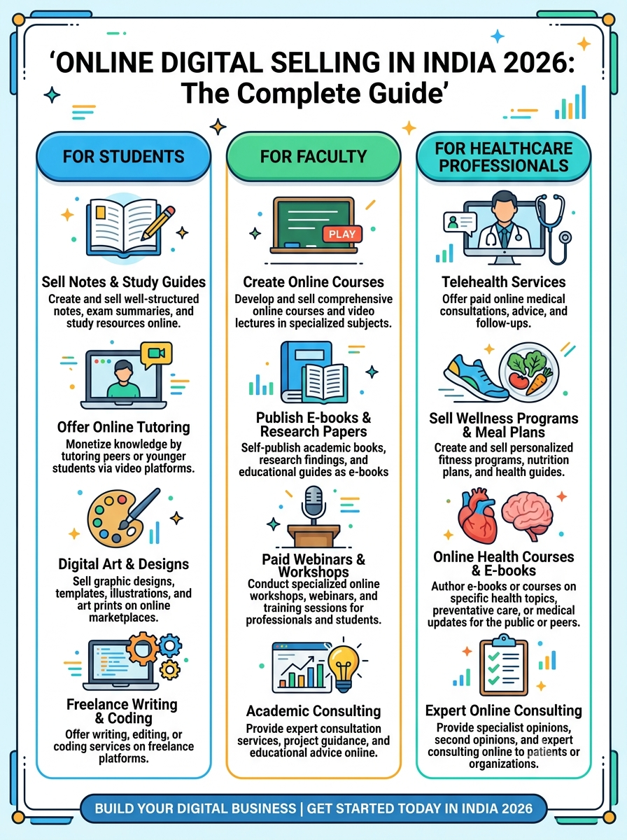 A three-column infographic illustration with icons detailing digital business and selling opportunities in India for Students, Faculty, and Healthcare Professionals.