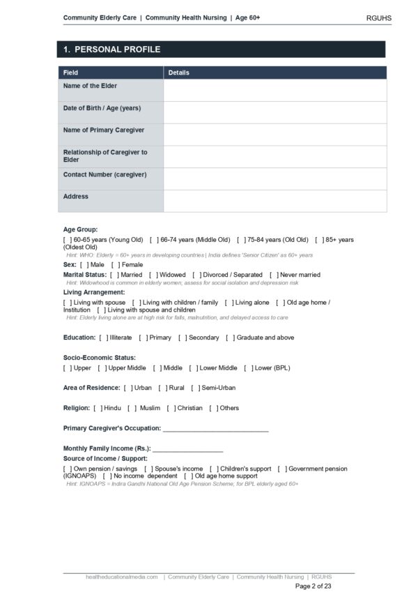 Sample page of the Community Elderly Care Format PDF for nursing students.