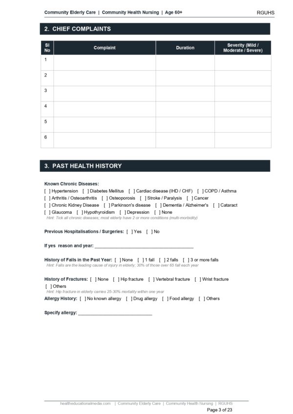 Sample page of the Community Elderly Care Format PDF for nursing students.