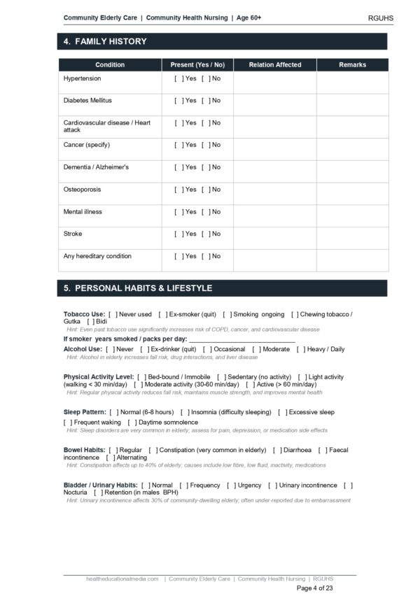 Sample page of the Community Elderly Care Format PDF for nursing students.