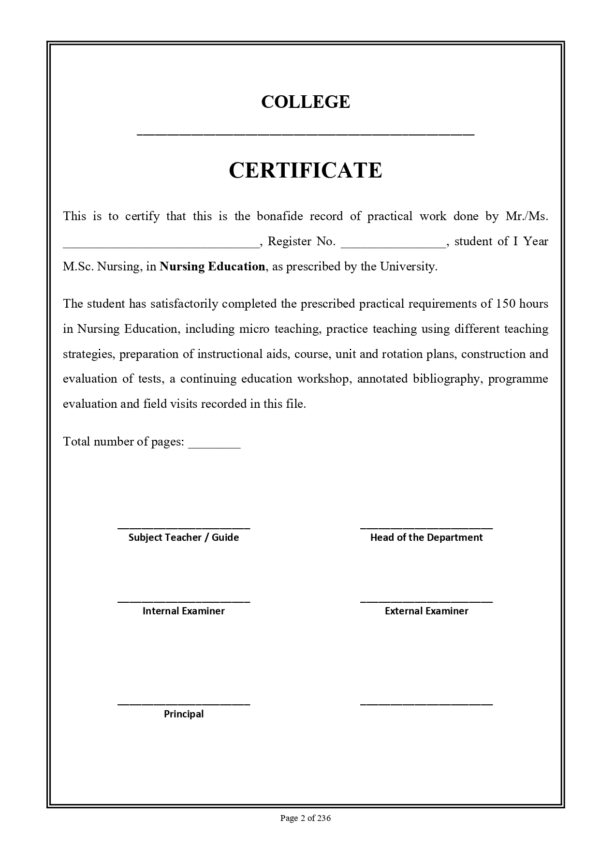 Sample page from M.Sc. Nursing Nursing Education Practical Record