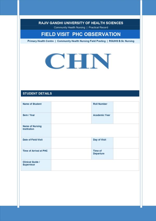 Field Visit PHC Format PDF, 17 pages, for B.Sc Nursing and Post Basic B.Sc Nursing students.