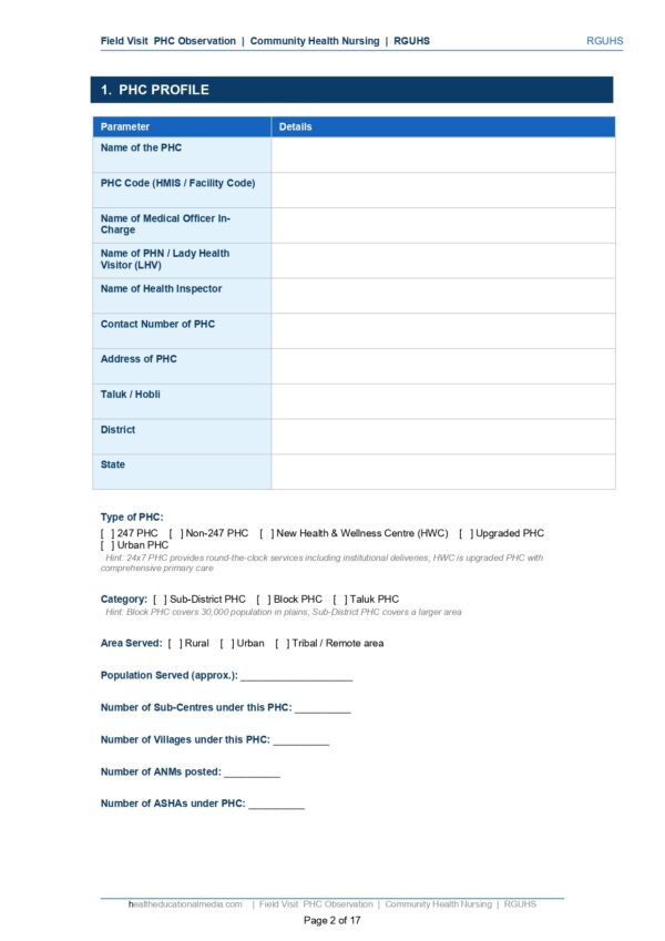 Sample page of the Field Visit PHC Format PDF for nursing students.
