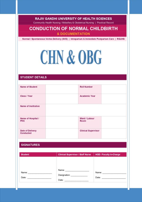 Normal Childbirth Documentation Format PDF, 19 pages, for B.Sc Nursing and Post Basic B.Sc Nursing students.