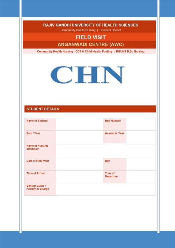 Field Visit Anganwadi Centre Format PDF, 16 pages, for B.Sc Nursing and Post Basic B.Sc Nursing students.