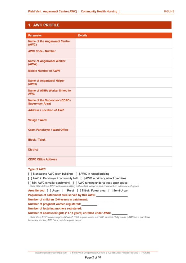 Sample page of the Field Visit Anganwadi Centre Format PDF for nursing students.