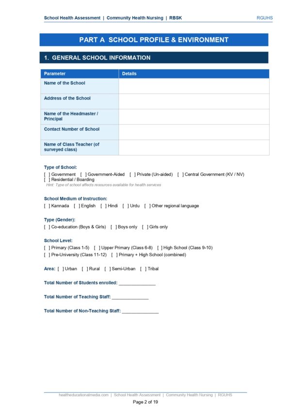Sample page of the School Health Assessment Format PDF for nursing students.