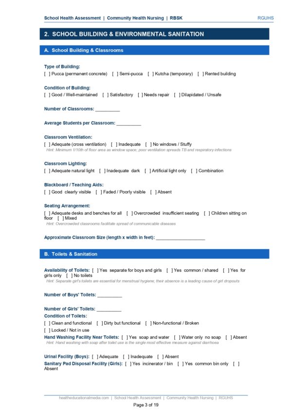 Sample page of the School Health Assessment Format PDF for nursing students.