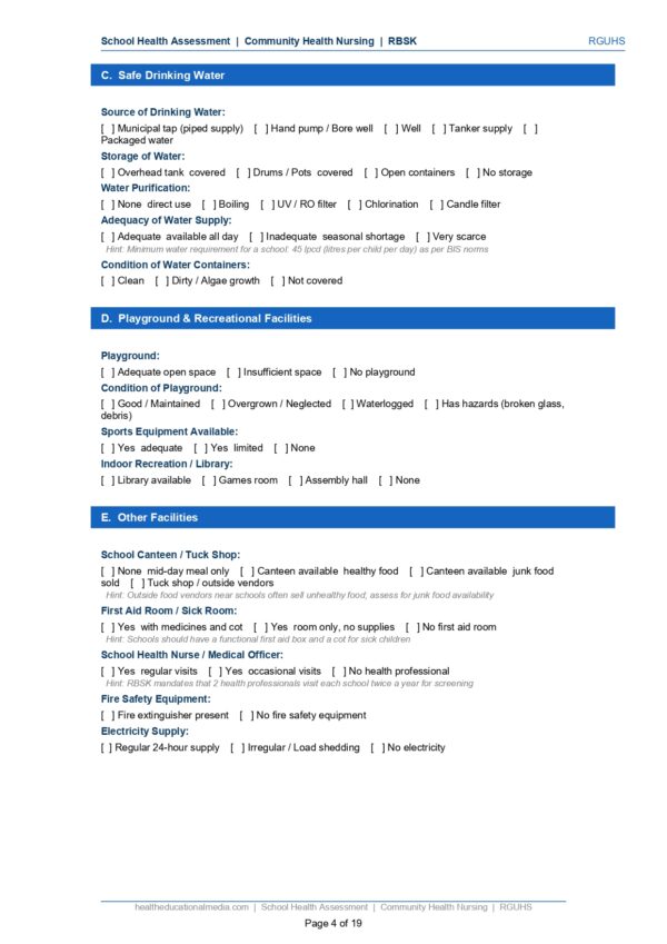 Sample page of the School Health Assessment Format PDF for nursing students.