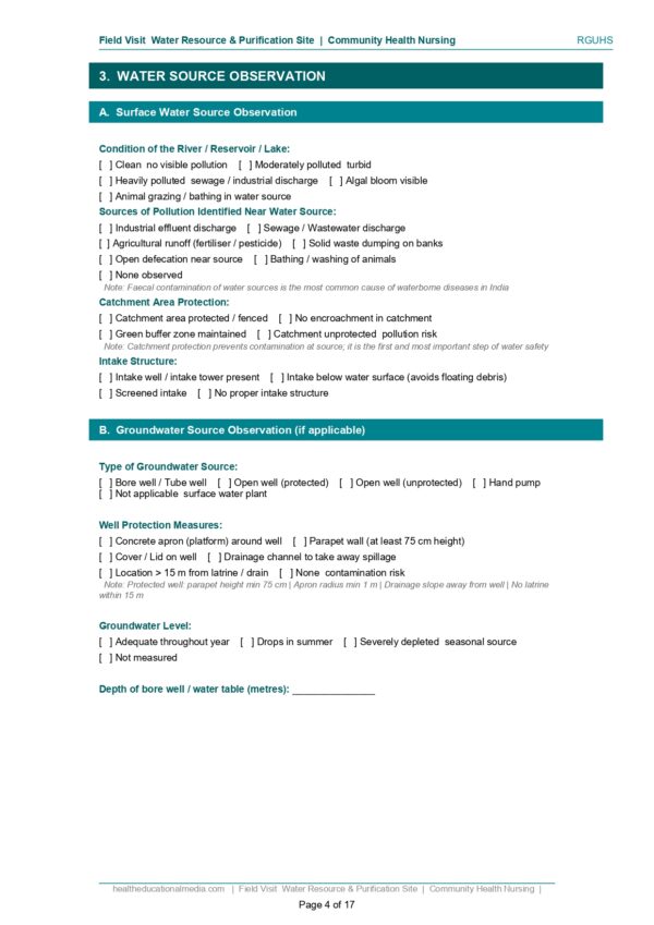 Sample page of the Water Resource and Purification Site Visit Format PDF for nursing students.