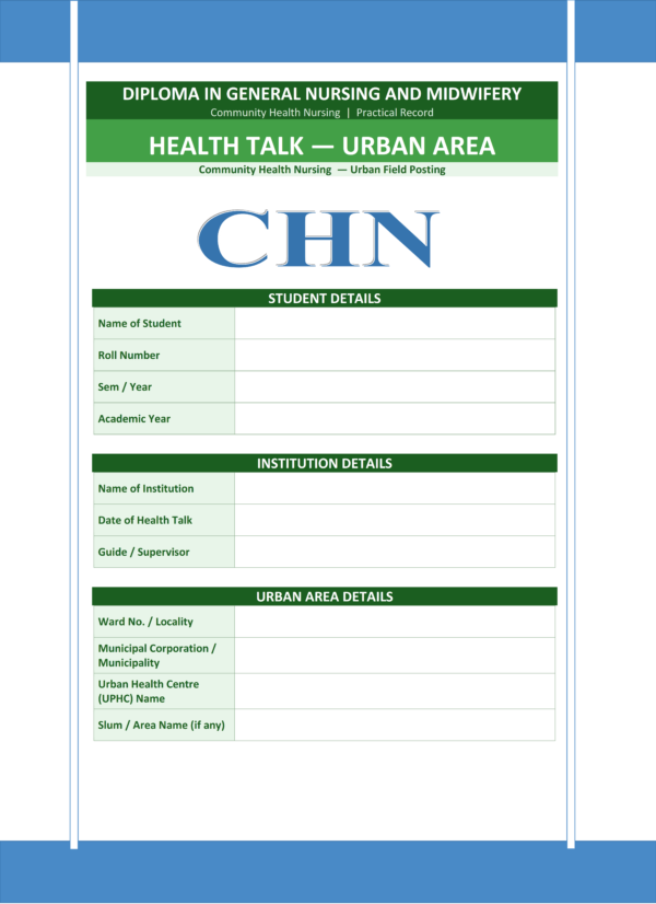 Sample health talk urban community front page for GNM nursing students