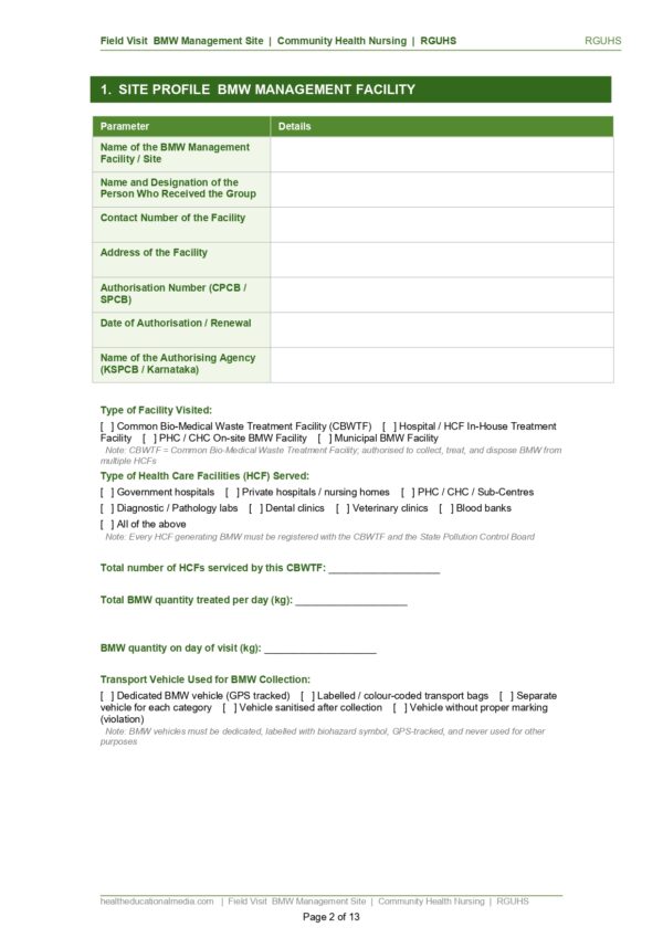 Sample page of the Field Visit Biomedical Waste Management format PDF for nursing students.