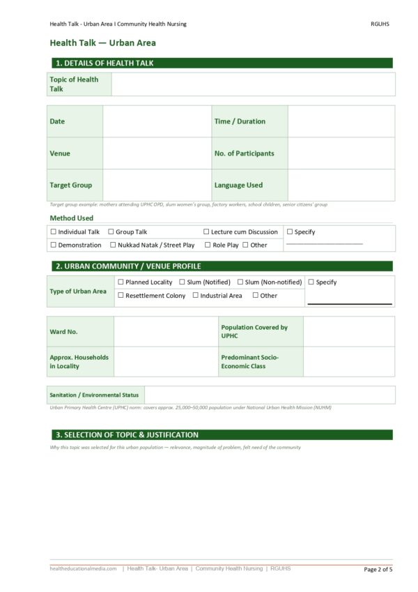 Sample page of the Health Talk Urban Community Format PDF for nursing students.