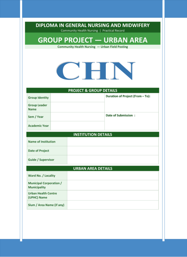 Sample group project urban area front page for GNM nursing students