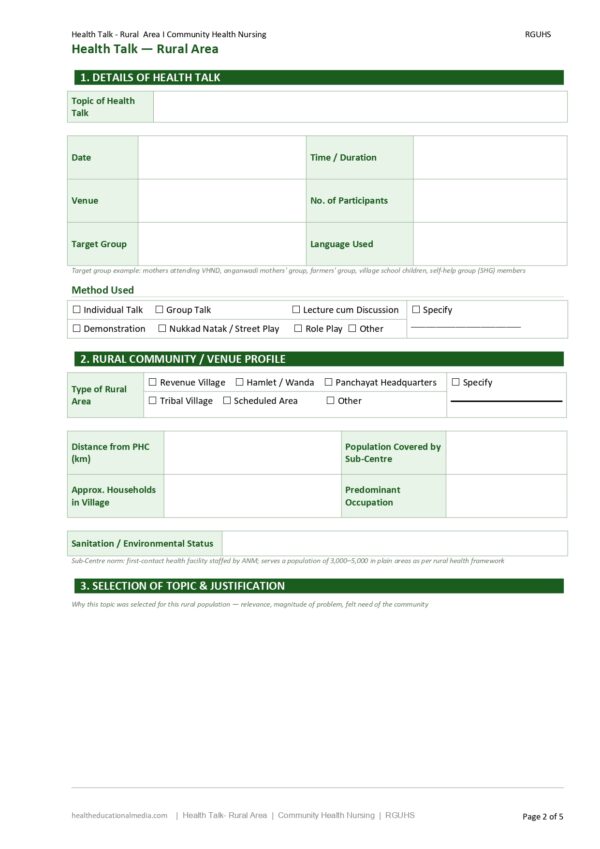 Sample page of the Health Talk (Rural Community) Format PDF for nursing students.
