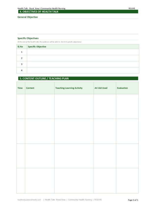 Sample page of the Health Talk (Rural Community) Format PDF for nursing students.