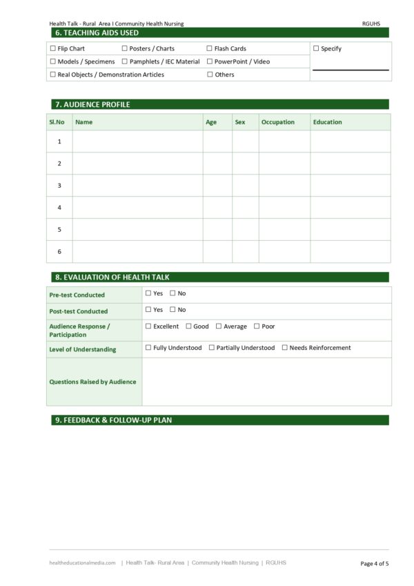 Sample page of the Health Talk (Rural Community) Format PDF for nursing students.