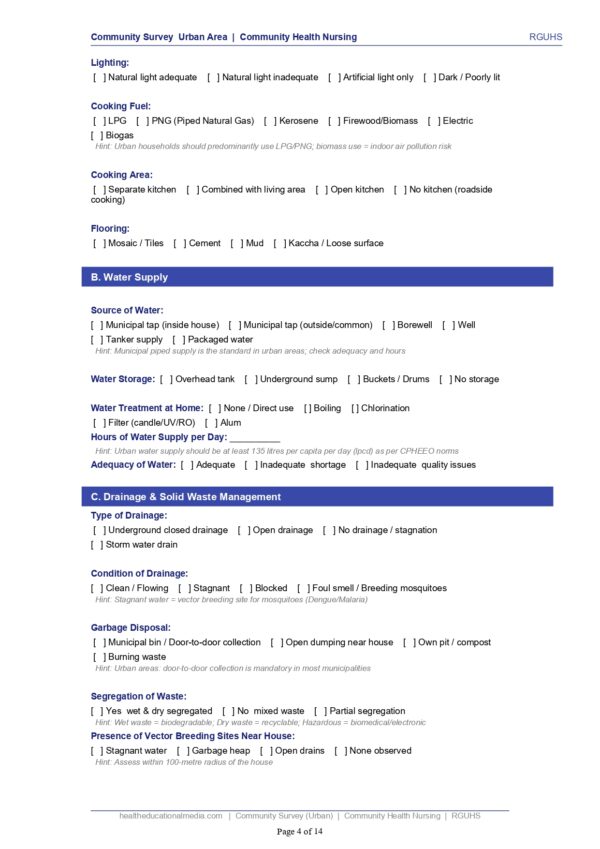 Sample page of the Community Survey Urban Area format for nursing students.