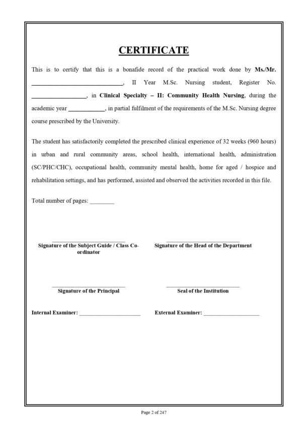 Sample index pages of Community Health Nursing Practical Record PDF for M.Sc. Nursing 2nd Year