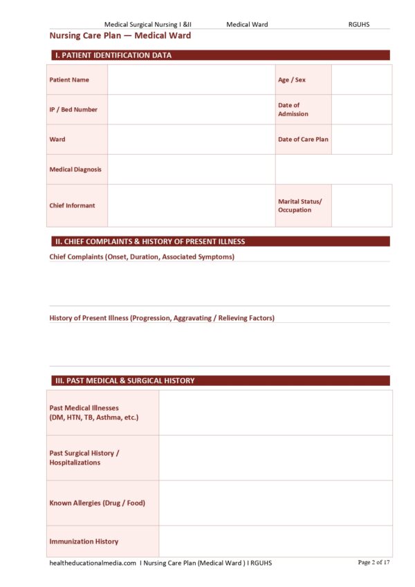 Sample page of the 17-page Medical Ward Nursing Care Plan PDF template for nursing students.