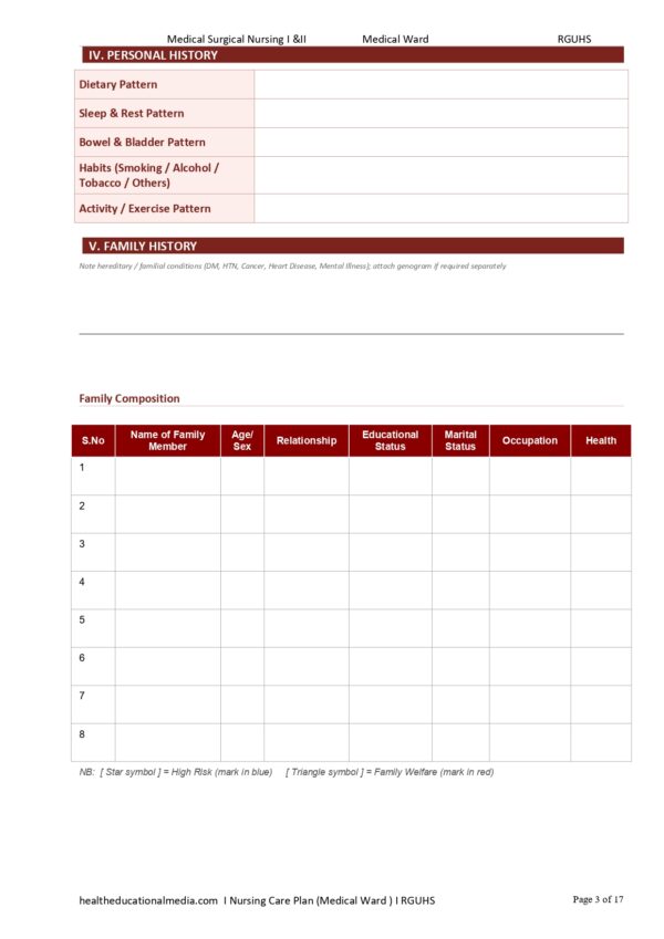 Sample page of the 17-page Medical Ward Nursing Care Plan PDF template for nursing students.