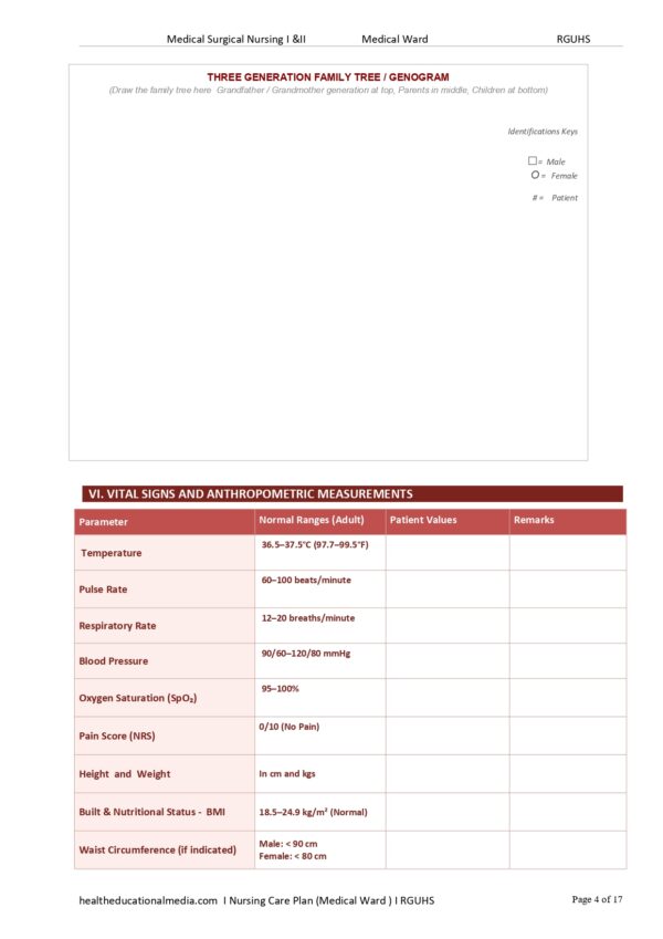 Sample page of the 17-page Medical Ward Nursing Care Plan PDF template for nursing students.