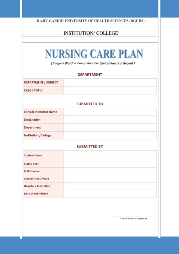 Nursing Care Plan Surgical Ward Format PDF, 14 pages, for B.Sc Nursing and Post Basic B.Sc Nursing students.
