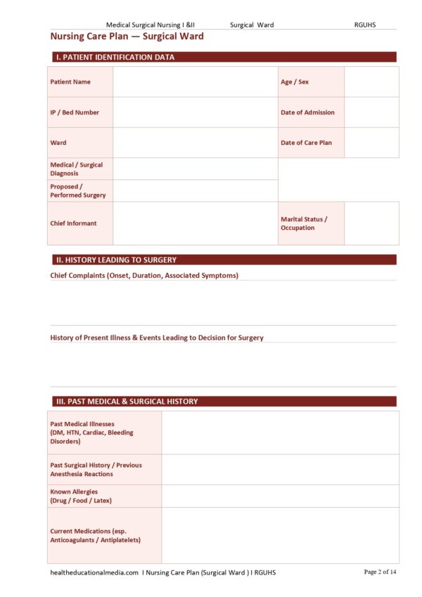 Sample page of the 14-page Nursing Care Plan Surgical Ward PDF template for nursing students.