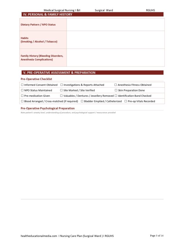 Sample page of the 14-page Nursing Care Plan Surgical Ward PDF template for nursing students.