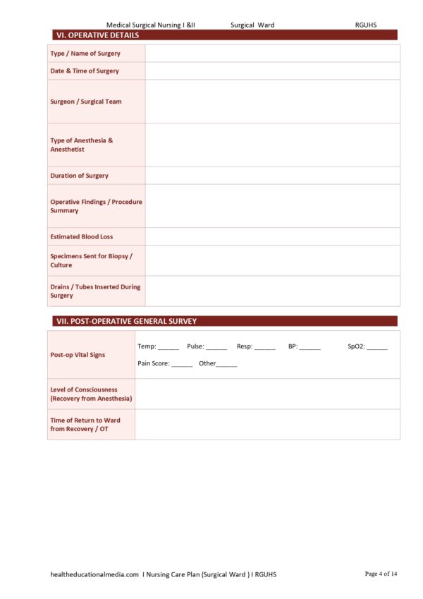 Sample page of the 14-page Nursing Care Plan Surgical Ward PDF template for nursing students.