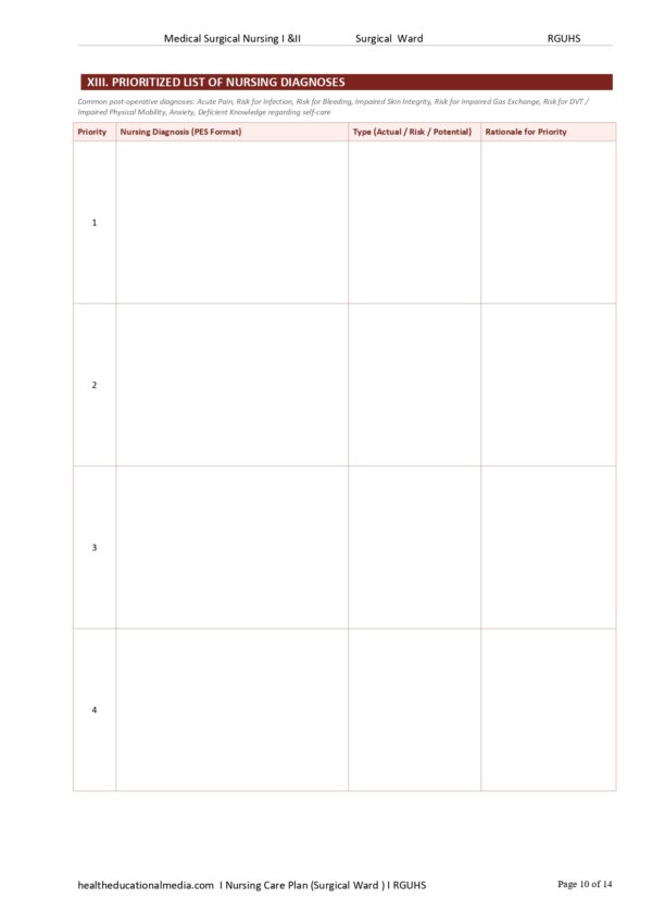Sample page of the 14-page Nursing Care Plan Surgical Ward PDF template for nursing students.