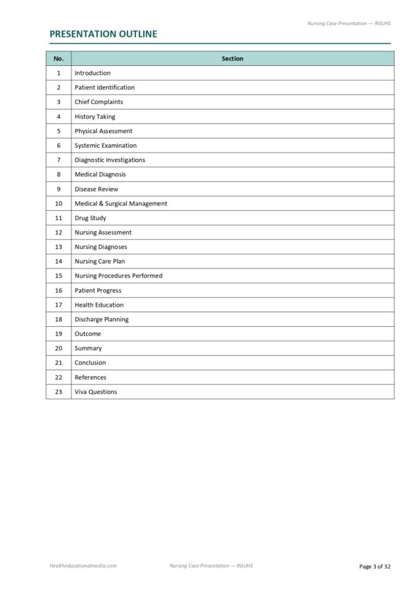 Sample page from the 32-page Nursing Case Presentation Format PDF