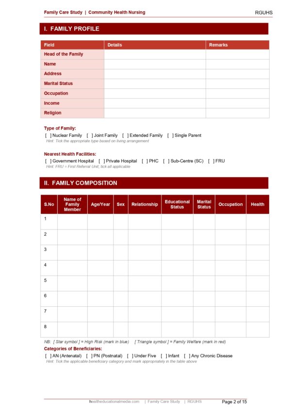 Sample page of the Family Care Study format for nursing students