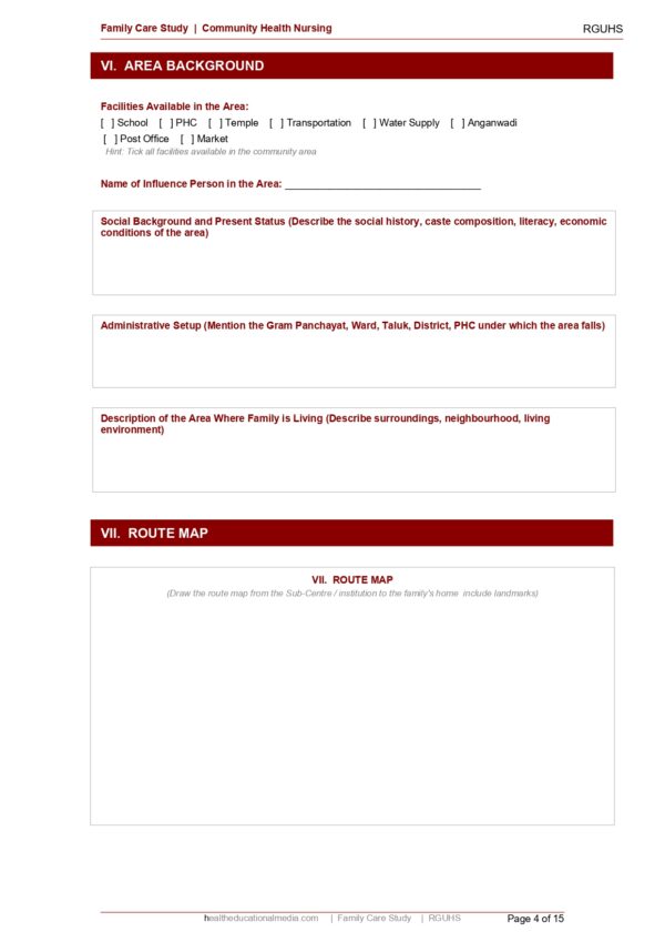 Sample page of the Family Care Study format for nursing students.