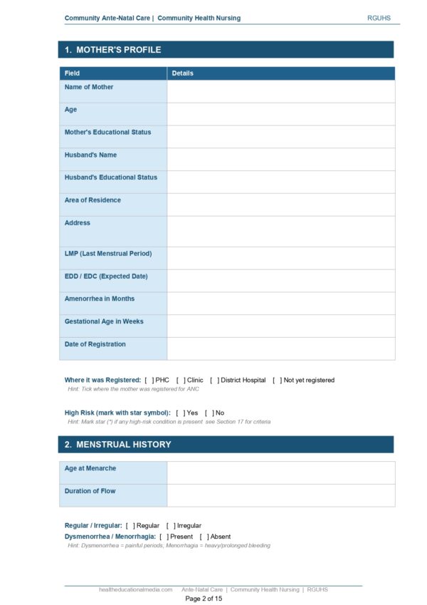 Sample page of the Community ANC Format PDF for nursing students.