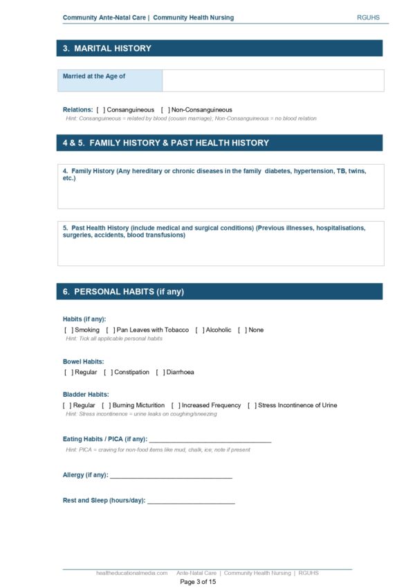 Community ANC Format PDF, 15 pages, for B.Sc Nursing and Post Basic B.Sc Nursing students.