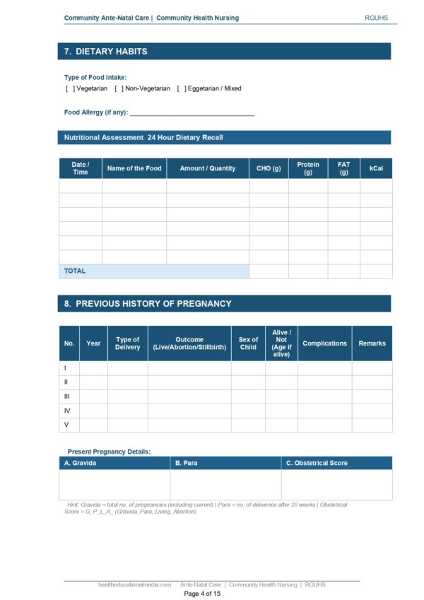 Sample page of the Community ANC Format PDF for nursing students.