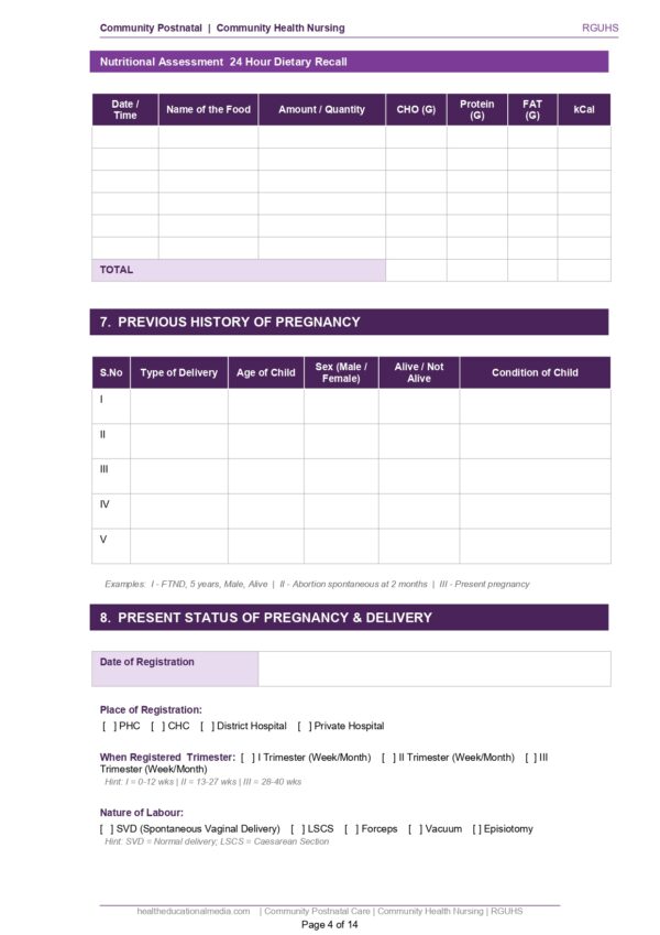 Sample page of the Community PNC Format PDF for nursing students.