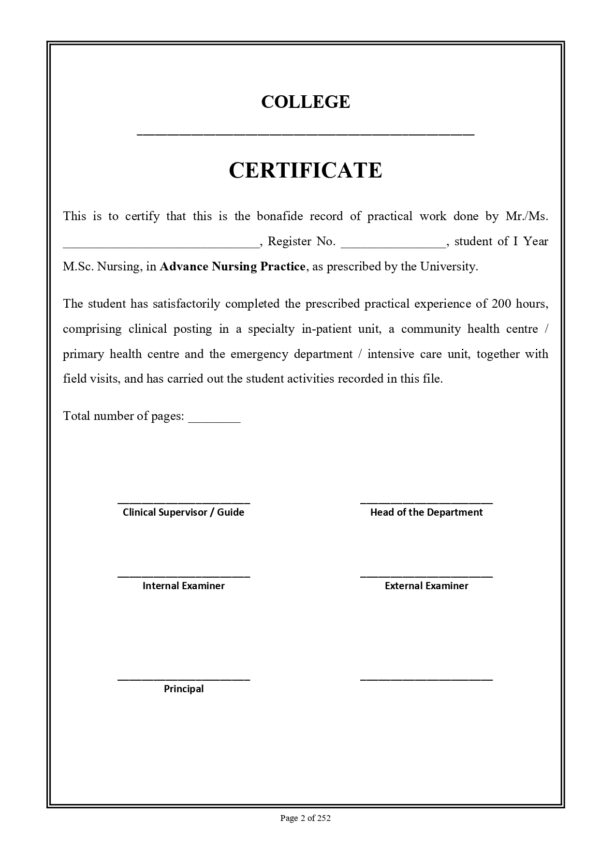 Sample index pages of Advance Nursing Practice Practical Record for M.Sc. Nursing I Year