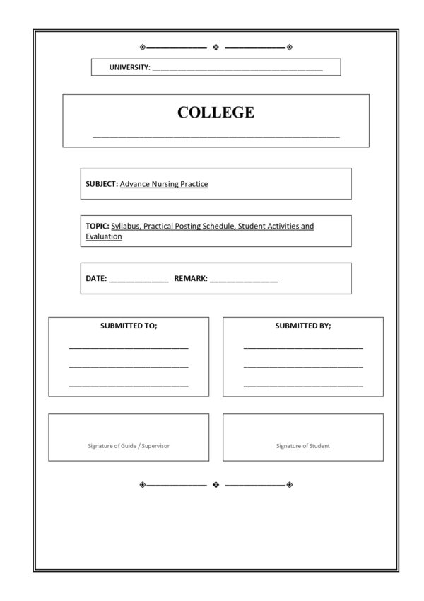 Sample index pages of Advance Nursing Practice Practical Record for M.Sc. Nursing I Year